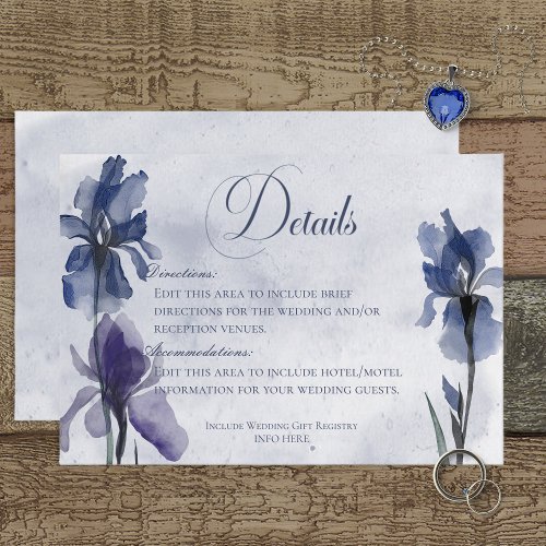 Blue Iris Flowers Blue Modern Details Wedding Enclosure Card