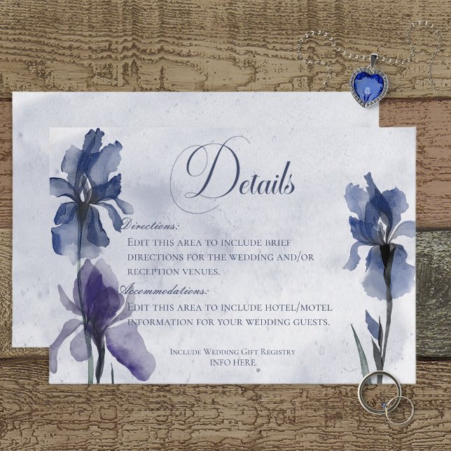 Blue Iris Flowers Blue Modern Details Wedding Enclosure Card (Creator Uploaded)
