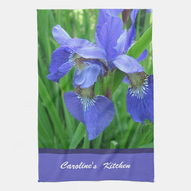 blue iris flowers custom personalize kitchen tower towel (Vertical)