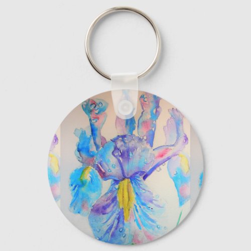 Blue Iris Flowers Floral Watercolor Art Key Ring