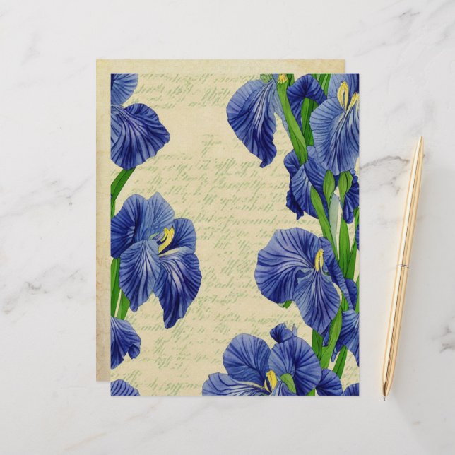 Blue Iris flowers vintage ephemera pattern Letterhead (Front/Back In Situ)
