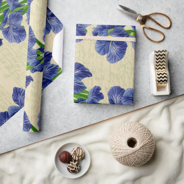 Blue Iris flowers vintage ephemera pattern Wrapping Paper (Crafts)