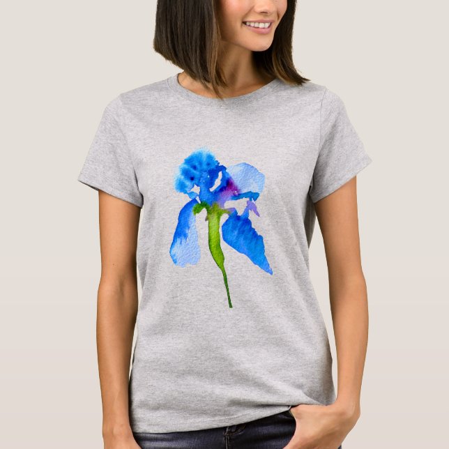 Blue Iris modern watercolor floral art T-Shirt (Front)