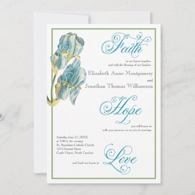 Blue Iris Script Christian Wedding Invitation (Front)