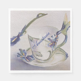 BLUE IRIS TEACUP MONOGRAM PARTY NAPKINS