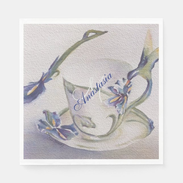 BLUE IRIS TEACUP MONOGRAM PARTY NAPKINS (Front)