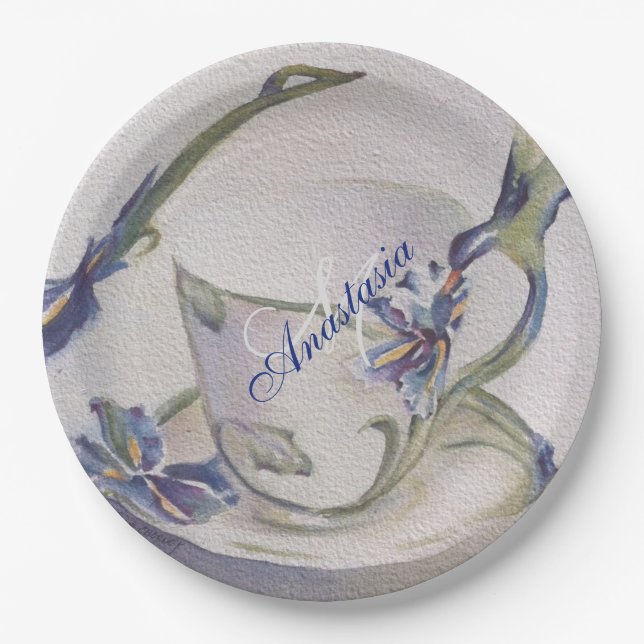 BLUE IRIS TEACUP MONOGRAM PARTY PAPER PLATES (Front)