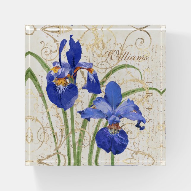 Blue Iris Vintage Floral Monogrammed Name Paperweight (Front)