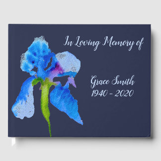 Blue Iris watercolor art funeral memory Guest Book