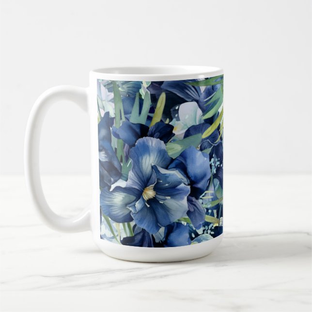  Blue Iris Watercolor Background Pattern Coffee Mug (Left)