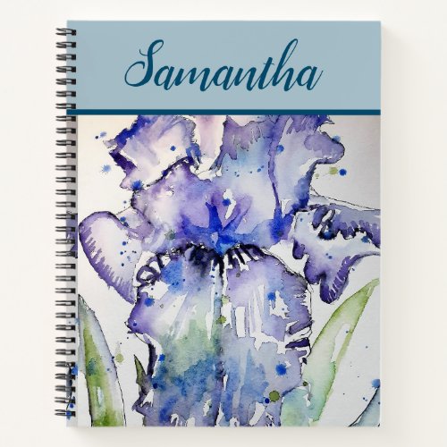 Blue Iris Watercolor floral Art Spiral Notebook