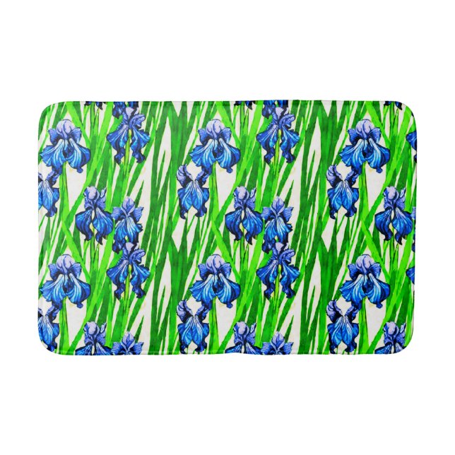 Blue Iris Watercolor Pattern Bath Mat (Front)