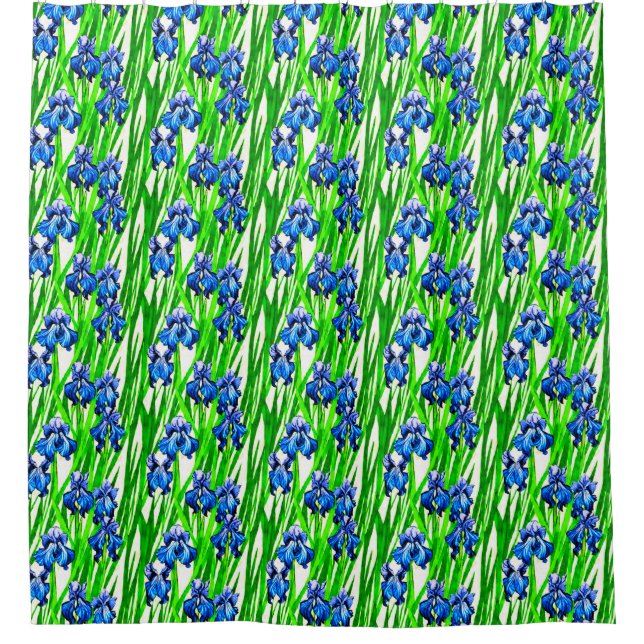 Blue Iris Watercolor Pattern Shower Curtain (Front)