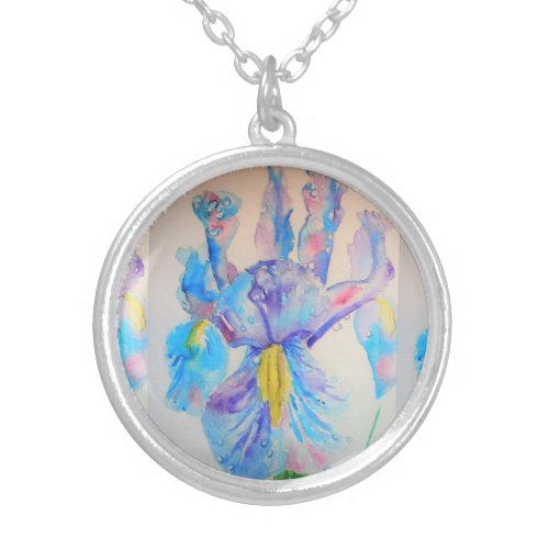 Blue Iris Watercolour Flowers floral gift Necklace