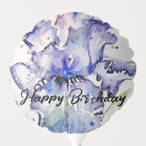 Blue Iris Watercolour Happy Birthday Balloon