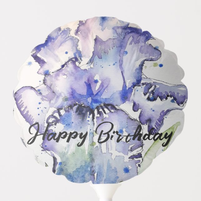 Blue Iris Watercolour Happy Birthday Balloon (Front)