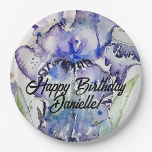 Blue Iris Watercolour Happy Birthday Balloon Paper Plates
