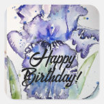 Blue Iris Watercolour Happy Birthday Balloon Square Sticker