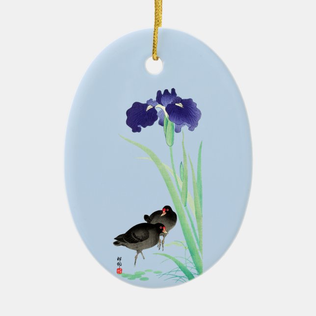 Blue Irises and Moorhens by Ohara Koson Ceramic Ornament (Front)