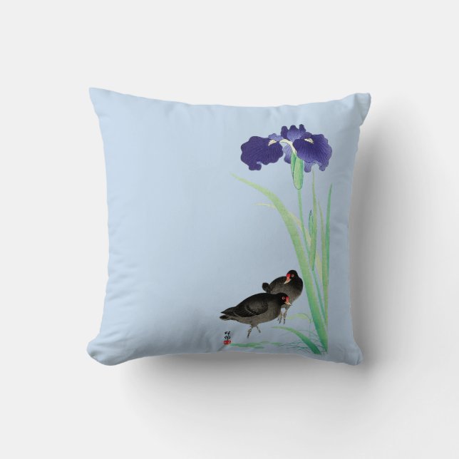 Blue Irises and Moorhens by Ohara Koson Throw Pillow (Front)