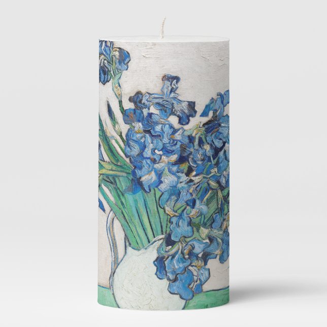 Blue Irises by Vincent Van Gogh Fine Art Pillar Candle (Front)