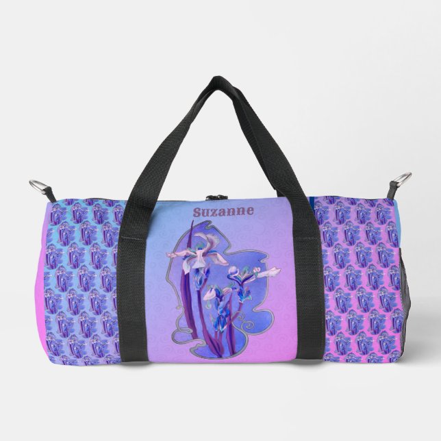 Blue Irises Floral Art Personalized Duffle Bag (Front)