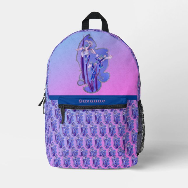 Blue Irises Floral Art Personalized Printed Backpack (Front)
