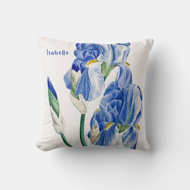 Blue Irises Monogram Throw Pillow (Front)