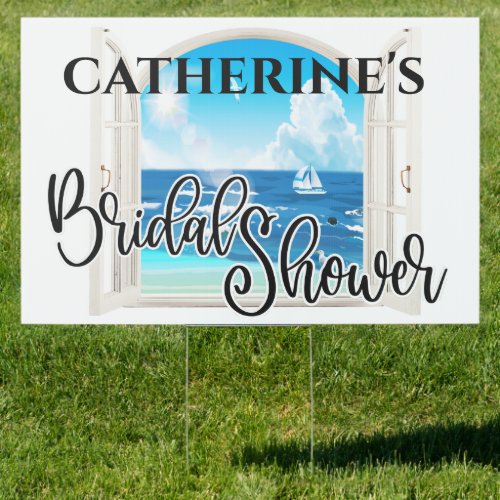 Blue island coastal destination window view sign