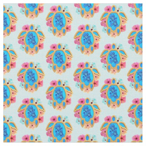 Blue Island Tropical Sea Turtles Floral Fabric