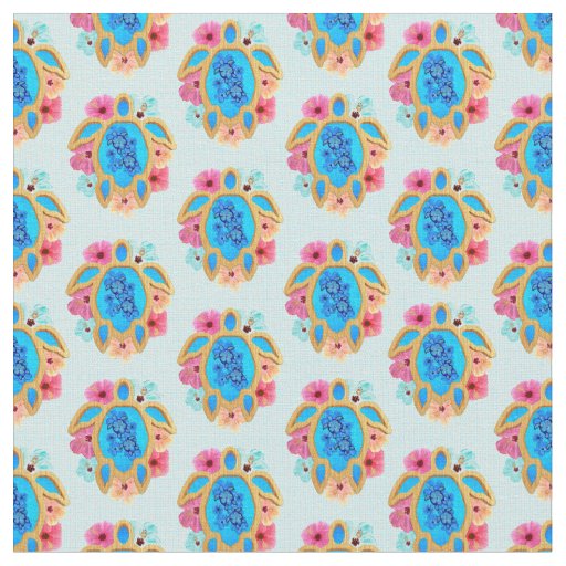 Blue Island Tropical Sea Turtles Floral Fabric