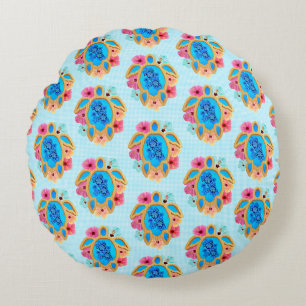 Blue Island Tropical Sea Turtles Floral Round Pillow
