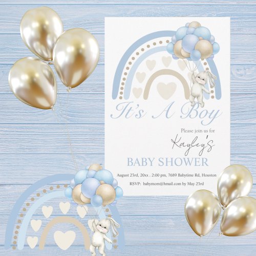 Blue Its a Boy Rainbow Watercolor Baby Shower Invitation