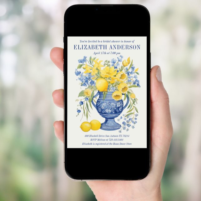 Blue Italian Floral Lemon Bridal Shower Invitation (Front Digital)