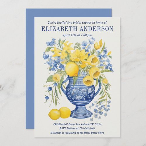 Blue Italian Floral Lemon Bridal Shower Invitation