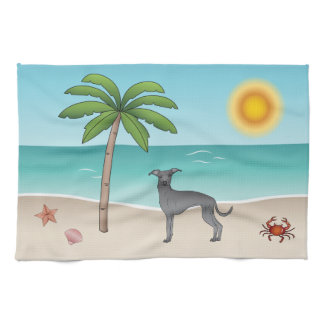 Blue Italian Greyhound At Tropical Summer Beach Kitchen Towel