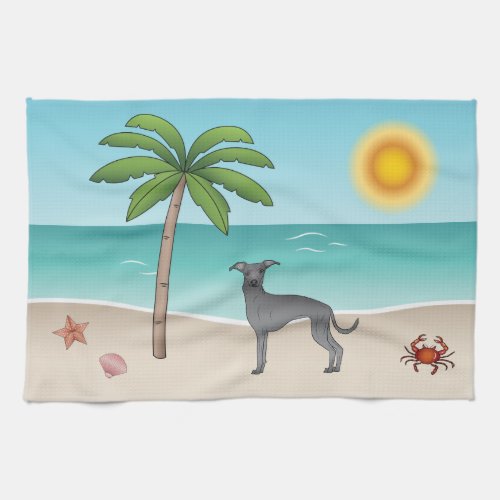 Blue Italian Greyhound At Tropical Summer Beach Kitchen Towel