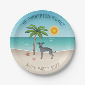 Blue Italian Greyhound At Tropical Summer Beach Paper Plates
