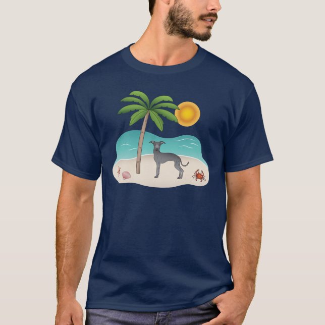 Blue Italian Greyhound At Tropical Summer Beach T-Shirt (Front)