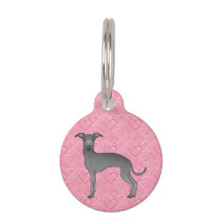 Blue Italian Greyhound Cartoon Dog On Pink Hearts Pet ID Tag