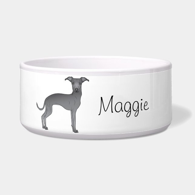 Blue Italian Greyhound Cartoon Dog With A Name Bowl (Front)