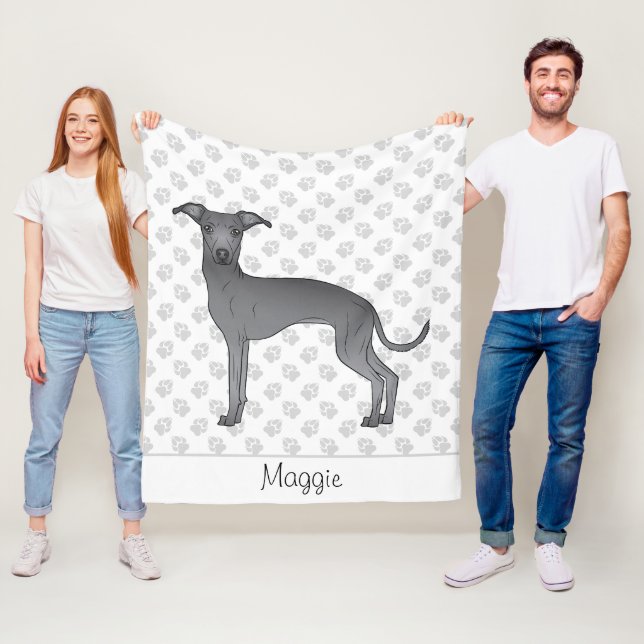 Blue Italian Greyhound Cartoon Dog With A Name Fleece Blanket (In Situ)