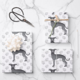 Blue Italian Greyhound Cartoon Dogs With Paws Wrapping Paper Sheets
