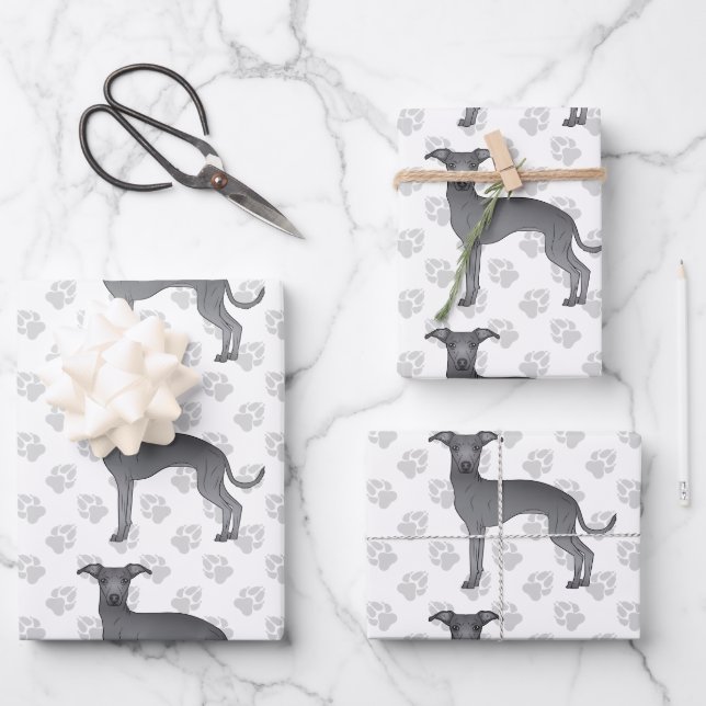 Blue Italian Greyhound Cartoon Dogs With Paws Wrapping Paper Sheets (Front)