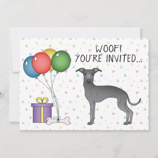 Blue Italian Greyhound Cute Cartoon Dog Birthday Invitation