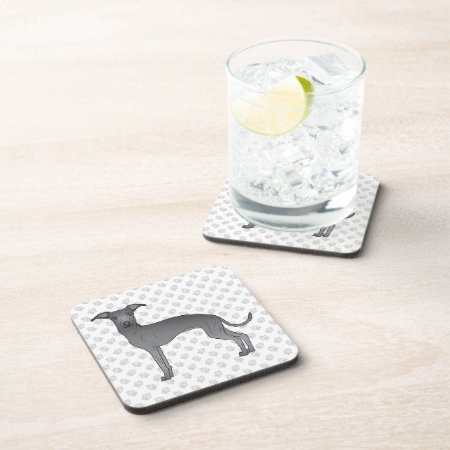 Blue Italian Greyhound Cute Cartoon Dog With Paws Beverage Coaster (Right Side)