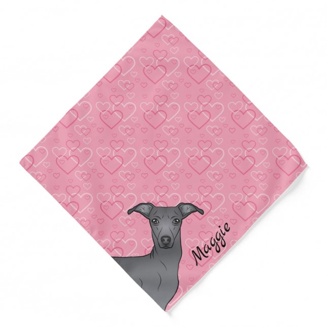 Blue Italian Greyhound Cute Dog On Pink Hearts Bandana (Front)