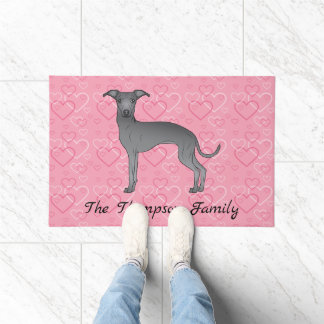 Blue Italian Greyhound Cute Dog On Pink Hearts Doormat