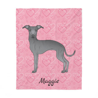 Blue Italian Greyhound Cute Dog On Pink Hearts Fleece Blanket