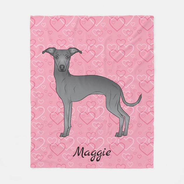 Blue Italian Greyhound Cute Dog On Pink Hearts Fleece Blanket Zazzle